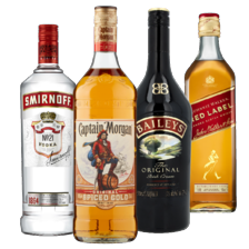 Captain Morgan spiced gold, Baileys, Johnnie Walker of Smirnoff vodka